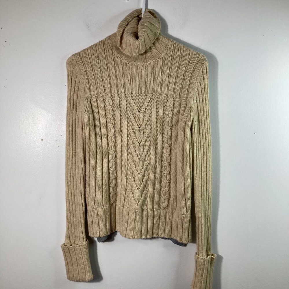 Womens Tory Burch Turtleneck Cable Knit Sweater Tan Gray S